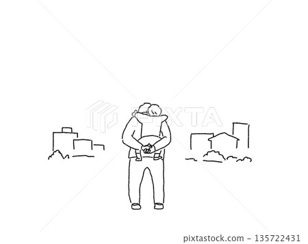 Grandmother and grandson, sunset, line drawing 135722431