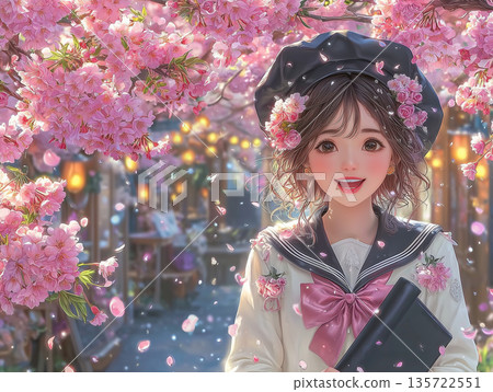 畢業典禮當天,一位高中女生手持畢業證書,在盛開的櫻花樹下微笑。 畢業典禮當天,一位高中女生手持畢業證書,在盛開的櫻花樹下微笑。 135722551