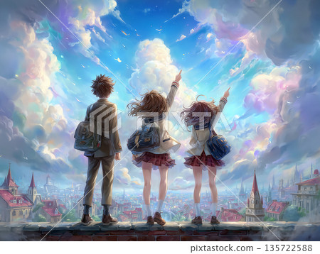 高中畢業生畢業典禮當天，從屋頂仰望藍天，這是他背對鏡頭的畫面。 135722588