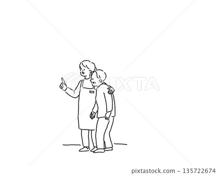 護理人員陪同一位老婦人行走，女護士，線條畫 135722674