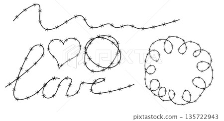 Twisted barbed wire silhouettes set in rounded and square shapes. Vector illustration of steel black wire barb fence frames. Concept of protection, danger or security 135722943