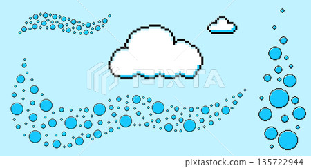 Set of pixel art cloud and bubble swoosh. 90s aesthetics. Vector 8-bit y2k retro style illustration. Set of pixel art cloud and bubble swoosh. 90s aesthetics. Vector 8-bit y2k retro style illustration. 135722944
