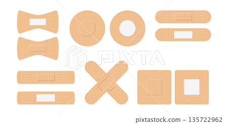 Medical plaster. Adhesive bandage for aid of wound. Icons of breathable bandaids. Bands isolated on white background. Medicine plaster strips for first aid, pain, pharmacy, accident, surgery. Medical plaster. Adhesive bandage for aid of wound. Icons of breathable bandaids. Bands isolated on white background. Medicine plaster strips for first aid, pain, pharmacy, accident, surgery. 135722962