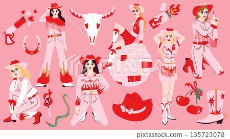 Retro disco cowgirl set, vintage pink western elements collection with woman characters, disco ball, cherry and bull skull 135723078