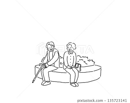 兩位老婦人坐在長椅上交談，線條畫 135723141