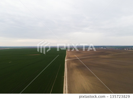 Aerial view of agricultural land divided between green crops and plowed field, rural countryside landscape from above Aerial view of agricultural land divided between green crops and plowed field, rural countryside landscape from above 135723829