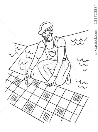 Hand drawn vector illustration of a construction worker installing floor tile with tool on building site interior. The concept represents skilled labor, renovation process and manual work profession Hand drawn vector illustration of a construction worker installing floor tile with tool on building site interior. The concept represents skilled labor, renovation process and manual work profession 135723884