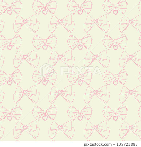 Hand drawn vector seamless pattern with repeating decorative bows and jewelry elements in soft pastel outline. The concept represents romantic design, fashion accessory and feminine background 135723885