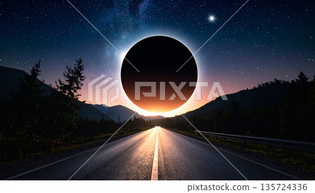 Scene of the sun losing its light and a solar eclipse 1 135724336