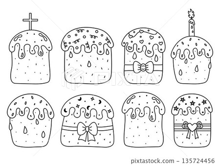 Black line Easter cake doodle set. Traditional sweet bread with sugar glaze. Monochrome outline signs, coloring page. Decorative yeast baked dessert with icing and sprinkles 135724456