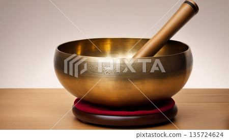 brass singing bowl sits on round red cushion with wooden mallet placed inside. The scene highlights sound therapy and wellness 135724624