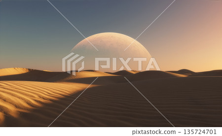 Smooth Desert Dunes Under Warm Light with Massive Planet on Horizon 135724701