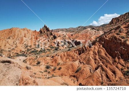 Red sandstone formations in a canyon under a blue sky, rugged natural landscape Red sandstone formations in a canyon under a blue sky, rugged natural landscape 135724710