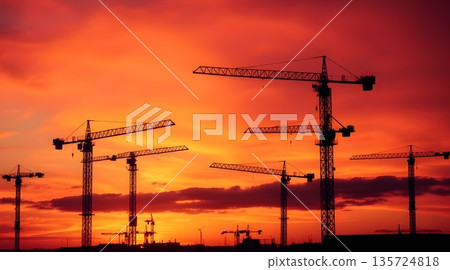 Construction Cranes Silhouette at Sunset Industrial City Skyline 135724818