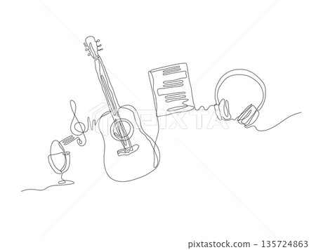 Musical instruments line art. Single line vector illustration. Performance of the song Musical instruments line art. Single line vector illustration. Performance of the song 135724863