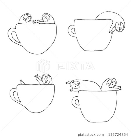 Funny sloth in coffee cups doodle illustration Funny sloth in coffee cups doodle illustration 135724864