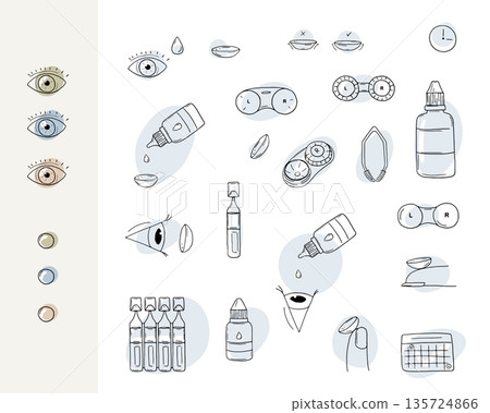 Eye care vector set. Contact lenses doodle vector illustrations. Eye lens, drops, tweezers, case, wash liquid, colored contacts, calendar. 135724866