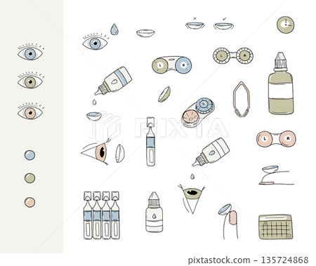 Eye care vector set. Contact lenses colored doodle vector illustrations. Eye lens, drops, tweezers, case, wash liquid, colored contacts, calendar. 135724868