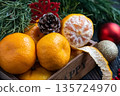 Orange mandarins in wooden box with fir apple, red balls, snowflakes on green fir branch background. Christmas card. Happy new year and merry christmas. High quality photo 135724970