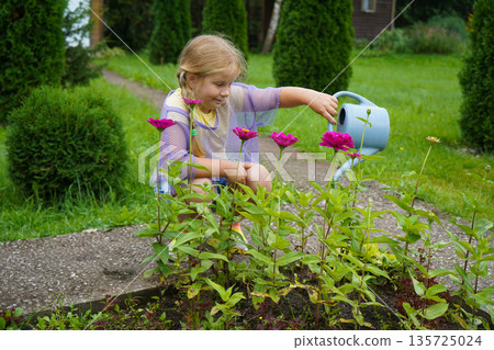 On a splendid summer day, a happy woman engages in her gardening routine, watering the thirsty flowers in her garden with a practical watering can. 135725024