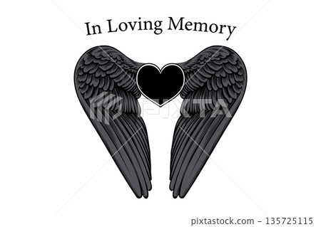 In Loving Memory card template. Angel wings with heart, In memory of beloved friend or family member In Loving Memory card template. Angel wings with heart, In memory of beloved friend or family member 135725115