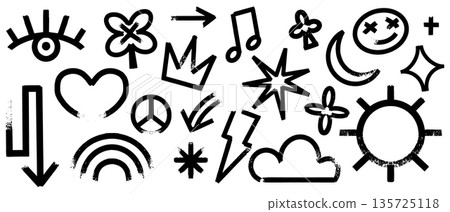 Grunge crayon kids scribble elements. Hand drawn colourful doodles with eye, crown and sun. Cute Grunge crayon kids scribble elements. Hand drawn colourful doodles with eye, crown and sun. Cute 135725118