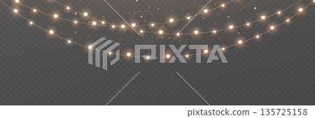 Light heart string background. Valentines day banner. Love gold garland. Celebration party. Christmas glitter decoration. Golden bulb frame. Neon hanging baubles. Vector illustration Light heart string background. Valentines day banner. Love gold garland. Celebration party. Christmas glitter decoration. Golden bulb frame. Neon hanging baubles. Vector illustration 135725158