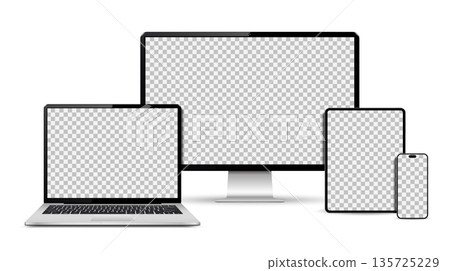 Empty screen computer, laptop, tablet, smartphone mockup. Set technology devices. 135725229