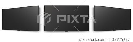 Realistic TV screen. TV screen mockup. Television display on three sides with blank screen 135725232