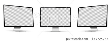 Realistic computer screen mockup. Computer display on three sides with empty screen isolated on white background 135725233