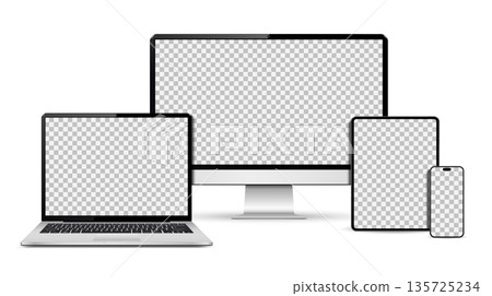 Realistic computer screen, laptop, tablet pc and smartphone mockup. Set technology devices with empty display 135725234