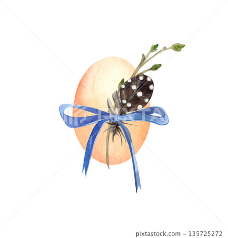 A hand-painted watercolor painting of an Easter egg with a blue ribbon, a feather, and a tree branch. This illustration is perfect for printing on cards, invitations, and spring holiday decor. A hand-painted watercolor painting of an Easter egg with a blue ribbon, a feather, and a tree branch. This illustration is perfect for printing on cards, invitations, and spring holiday decor. 135725272