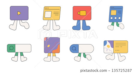 Flat illustration of cute website interface characters walking, representing digital content, UI elements and online media with playful abstract design in minimal modern style. Flat illustration of cute website interface characters walking, representing digital content, UI elements and online media with playful abstract design in minimal modern style. 135725287