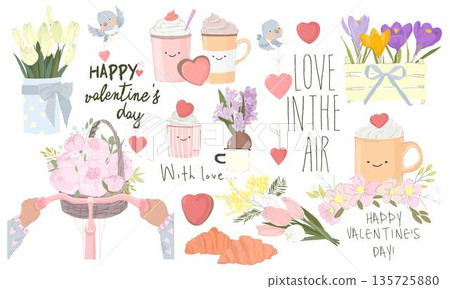 Hand Drawn Set of Various Valenines Day and Floral Elements Hand Drawn Set of Various Valenines Day and Floral Elements 135725880