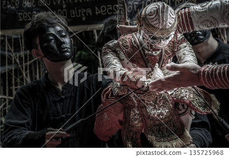 Traditional Puppet of Hanuman in Ramakien or Ramayana Story with thai puppeteers from Ramayana epic story at Baan Silapin (Artist House) in klong bang luang floating market. 135725968