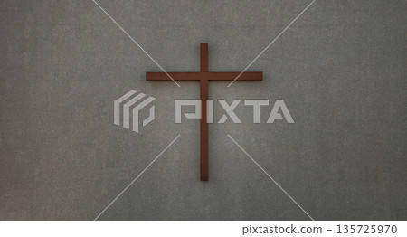 Christian wooden crucifix on a wall background The back of the christ church. 135725970