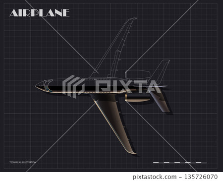 Private jet blueprint. Outline drawing of a black airplane. Industrial diagram of an aircraft and contour diagram. Top view of an 3D plane Private jet blueprint. Outline drawing of a black airplane. Industrial diagram of an aircraft and contour diagram. Top view of an 3D plane 135726070