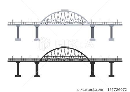 Isolated bridge side view. Industrial drawing of an architectural structure. Modern engineering transport structure. Detailed blueprint Isolated bridge side view. Industrial drawing of an architectural structure. Modern engineering transport structure. Detailed blueprint 135726072