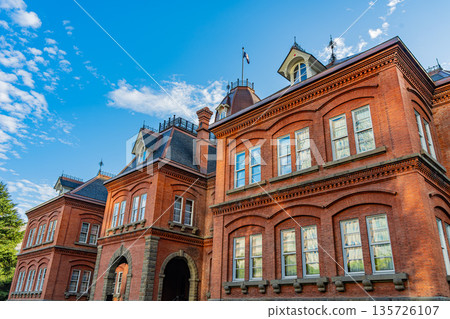 Hokkaido: Blue sky and Sapporo's red brick government building 135726107