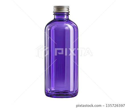 Clear glass bottle with purple tint, featuring silver screw cap, ideal for beverages or storage 135726397