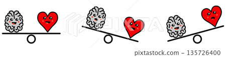 Cute Kawaii style brain and heart on weight scales, balanced or one side heavier version, emotions and rational thinking conflict concept Cute Kawaii style brain and heart on weight scales, balanced or one side heavier version, emotions and rational thinking conflict concept 135726400