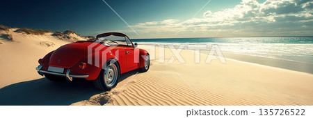 A bright red convertible is parked on soft sand near the ocean under a clear sky with fluffy clouds A bright red convertible is parked on soft sand near the ocean under a clear sky with fluffy clouds 135726522