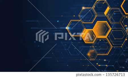 Colorful hexagons and lines form a modern geometric composition symbolizing digital progress and creativity 135726713