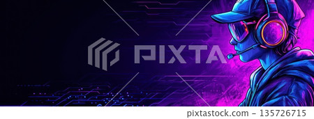 Gamer focused on a screen, surrounded by vibrant neon colors and digital designs 135726715