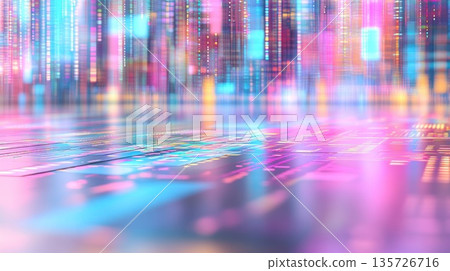 Bright colors and light streaks create a dynamic abstract pattern in a digital space reflecting technology 135726716