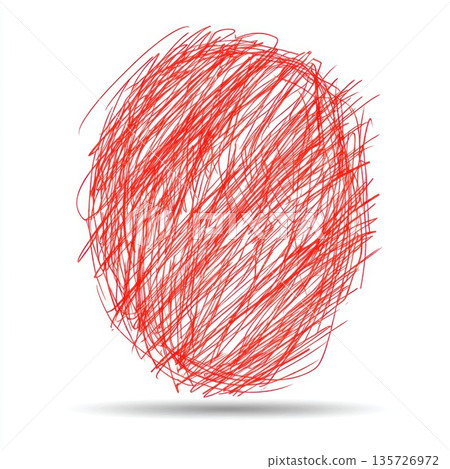Red chaotic lines form a circular shape, creating an abstract visual on a white canvas 135726972