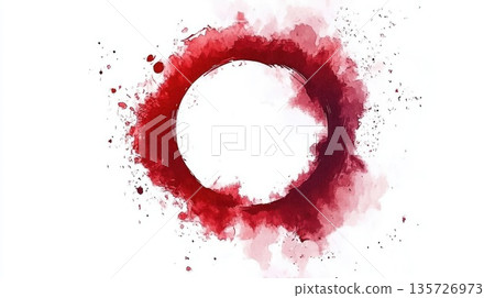 Abstract art featuring a red circle surrounded by watercolor splashes on a white backdrop 135726973