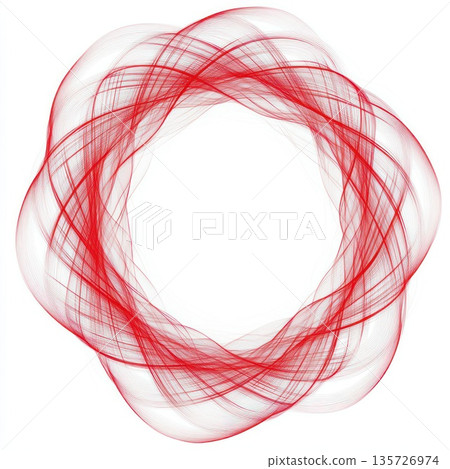 Intricate circular pattern created by overlapping red and white lines forms an abstract design 135726974