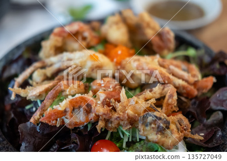 Soft shell crab salad served on plate, Japanese food Soft shell crab salad served on plate, Japanese food 135727049
