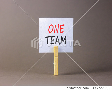 One team symbol. Concept word One team on beautiful white paper. Beautiful wooden clothespin. Beautiful grey background. Business one team concept. Copy space. One team symbol. Concept word One team on beautiful white paper. Beautiful wooden clothespin. Beautiful grey background. Business one team concept. Copy space. 135727109